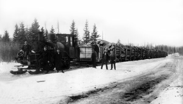 Steam log hauler on skis circa 1930